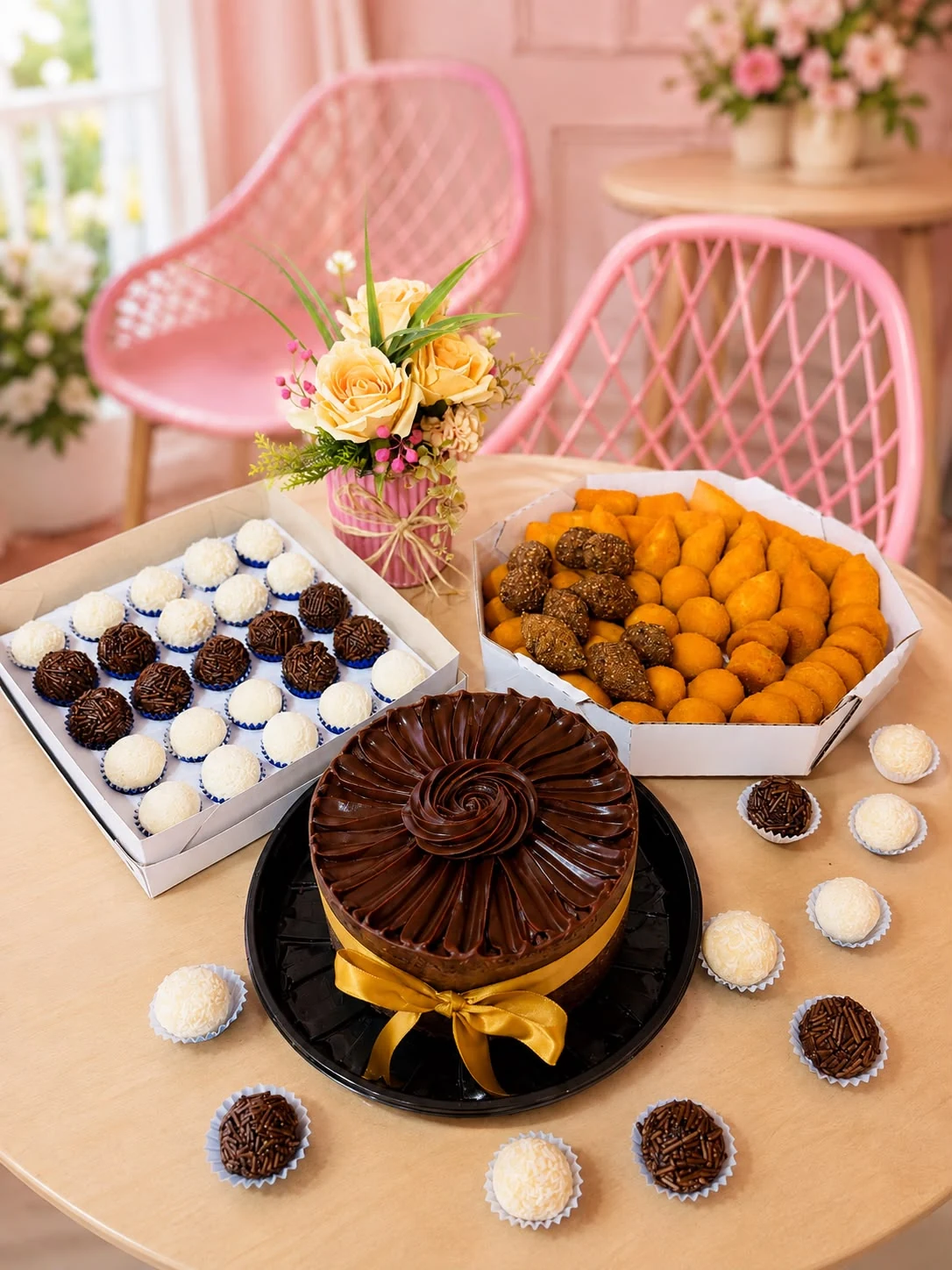 Bolo de chocolate da Mello's com brigadeiros e salgadinhos na mesa da loja