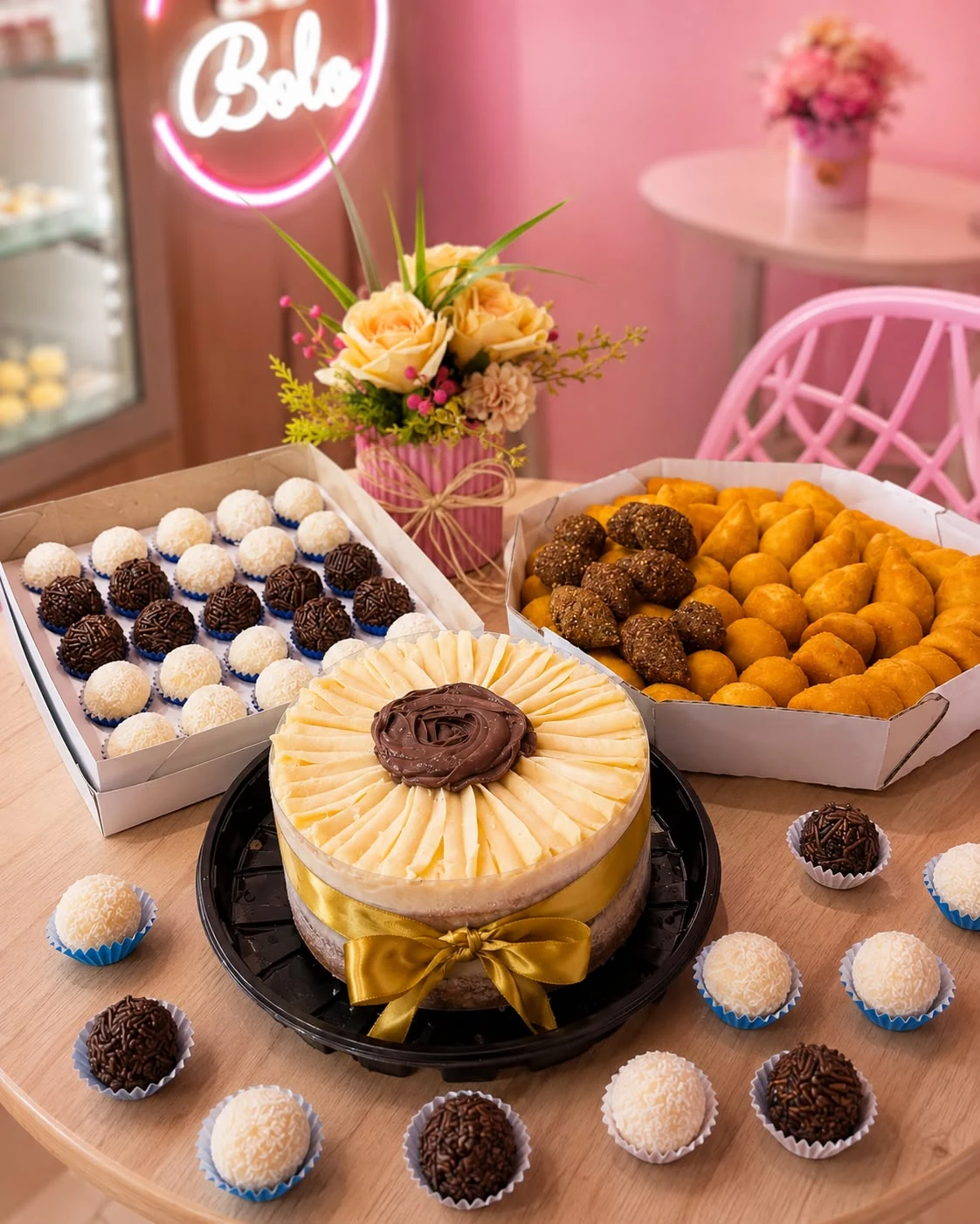 Bolo de creme com brigadeiro da Mello's, caixa de docinhos e bandeja de salgados
