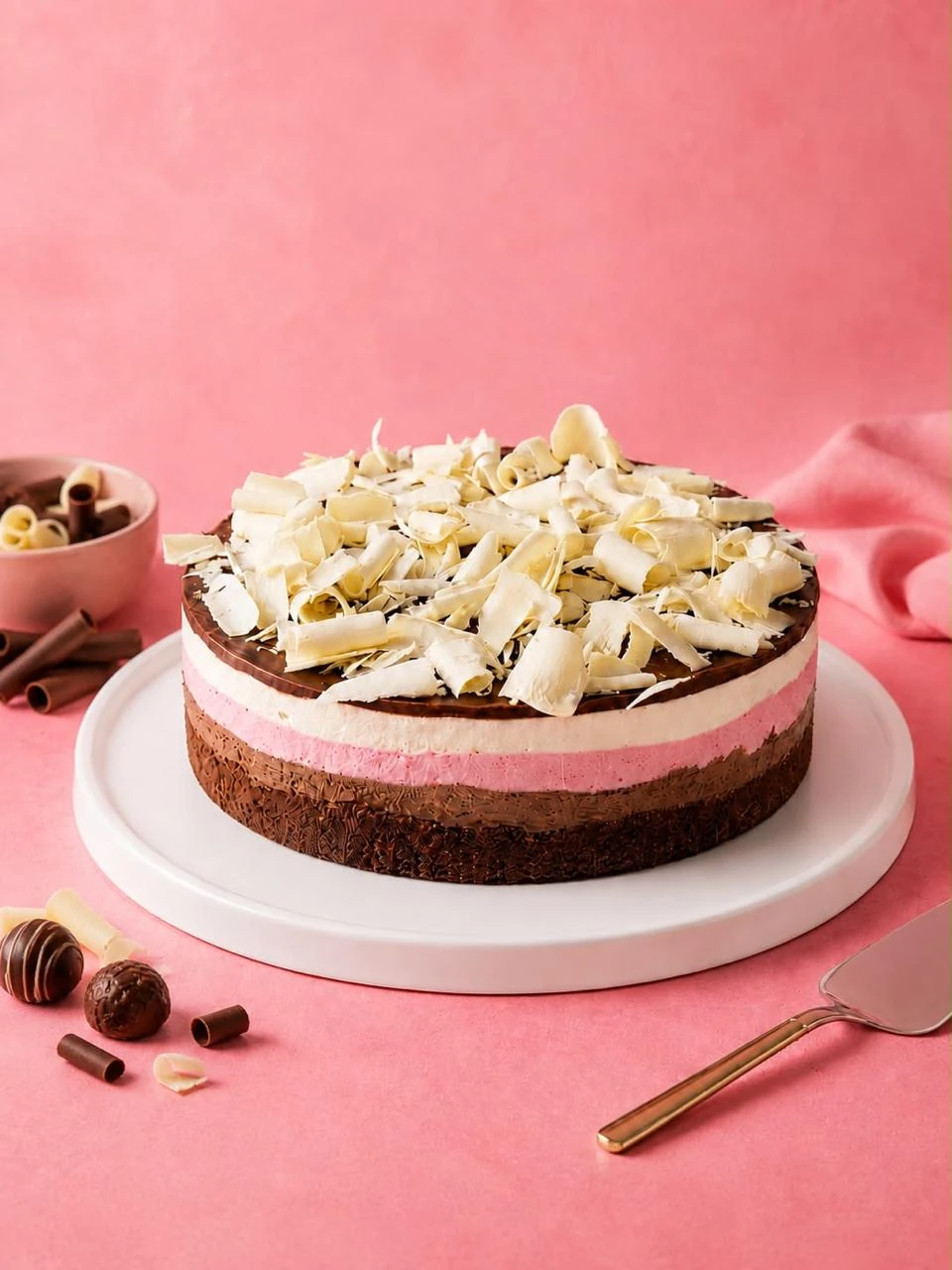 Torta Napolitan Dream da Mello's com camadas de chocolate, morango e creme branco